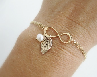 Gold mothers bracelet Infinity bracelet with leaf charm Mother of the bride gift Mother of the groom gift Leaf bracelet Gift for mom jewelry