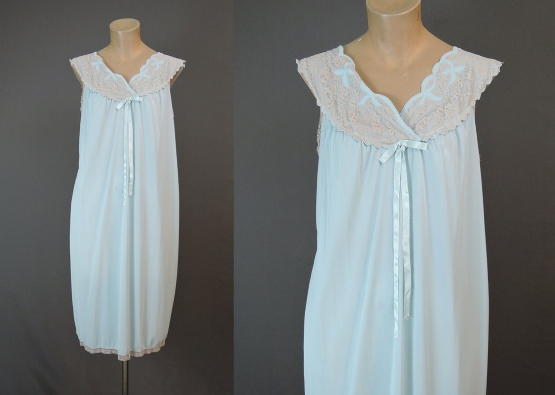 1960s Blue Nylon Nightgown with Ivory Lace & Appliques