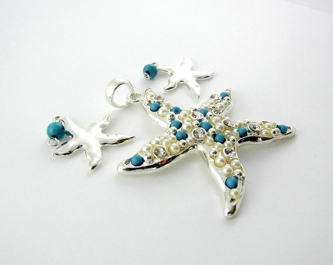 Set of Silver-tone Starfish Pendant and Charms Turquoise Cabochons Rhinestones