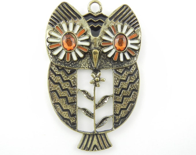 Large Cut-Out Owl Pendant Burnished Gold-tone Orange Eyes