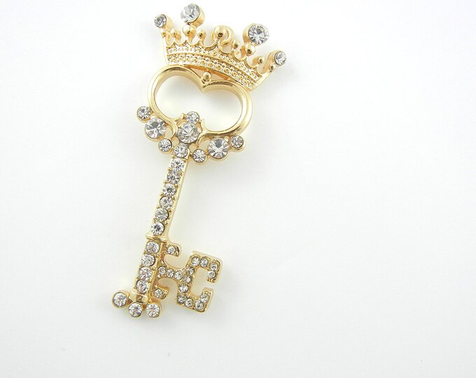 Gold-tone Skeleton Key with Crown Rhinestones