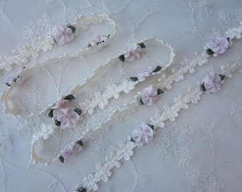 Cream Ivory Rococo Ribbon Trim w Pink Rose Bud Flower Baby Scrapbook Quilt