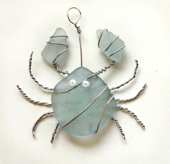 Sea Glass Crab Suncatcher Ornament with Aqua Sea by oceansbounty