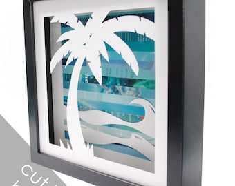Palm tree shadowbox- made from recycled magazines,beach,summer, waves, blue,teal, sun, beach house, wall decor, decoration, water, fun