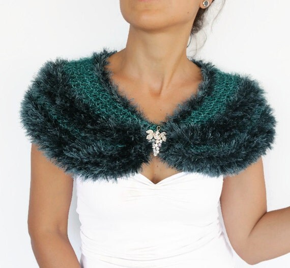 Items similar to Knit Evening Cape Jade Green Formal Bolero Faux Fur
