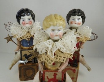 Angel "Giraffe" Assemblage Art Doll with Antique Doll Parts and Vintage Blocks
