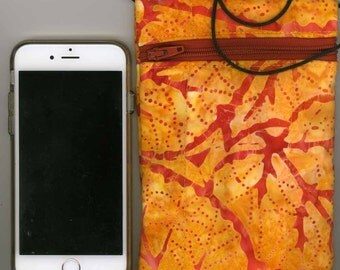Cell Phone & Passport Bag - Quilted Cotton - Orange Batik, Zippered - Fits iphone