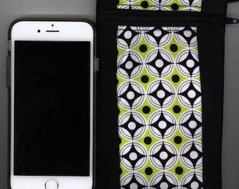 Cell Phone Bag - Quilted Cotton - Zipper, Short strap, black, neon green - Fits iphone