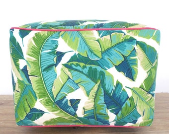 Large tropical floor pouf in 20x20x15 in palm leaf fabric Hollywood regency decor, square ottoman , outdoor bean bag chair