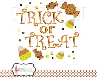 Trick or treat embroidery design. Halloween embroidery design. Fun machine embroidery with candy corn and lollies. Candy corn embroidery.