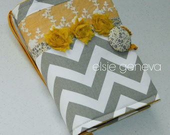 Bible Journal Cover Made to Fit Chevron Grey Gray and Mustard Yellow & Lace Floral Rosette and Hearts Choose Your Accent Color