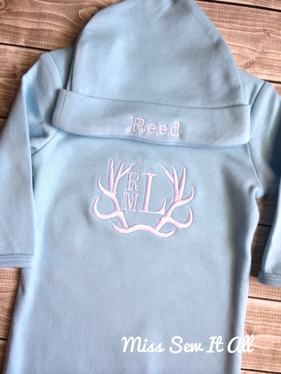Baby Boy Deer Antler Baby Gown and Hat by MissSewItAllBoutique