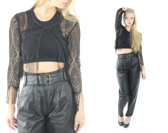 Vintage 90s Lace Bolero Jacket Fringe Antique Lace Jacket Black 1990s Fall Fashion Long Sleeve Blouse Medium M Blazer La Belle