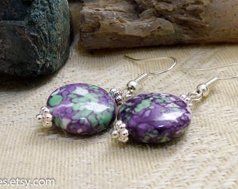 Purple Green White Floral Silver Dangle Earrings