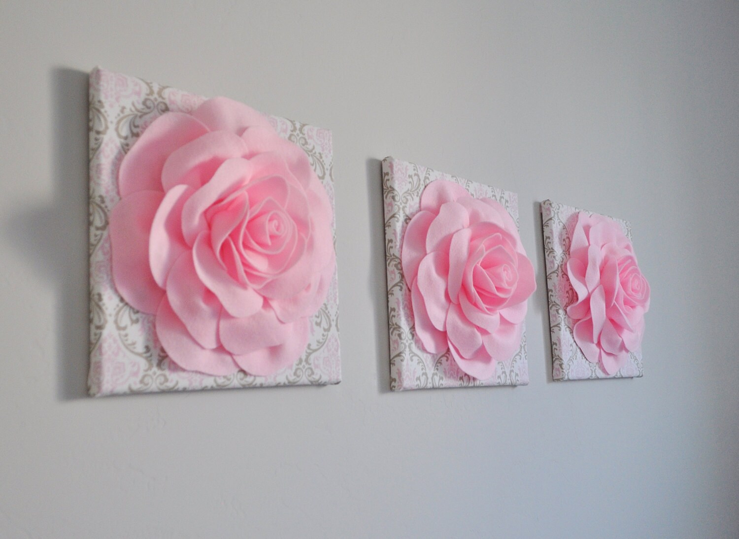Wall Art SET OF THREE Light Pink Roses on White Taupe by bedbuggs
