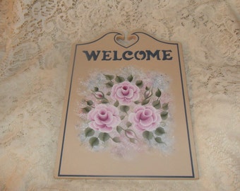 Shabby Cottage Chic Wooden "Welcome" Sign Hand Painted Victorian Pink Rose With Blue Floral.