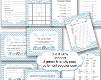 Blue Elephant Baby Shower Game Package, instant download, boy baby shower games, diy boy baby shower games