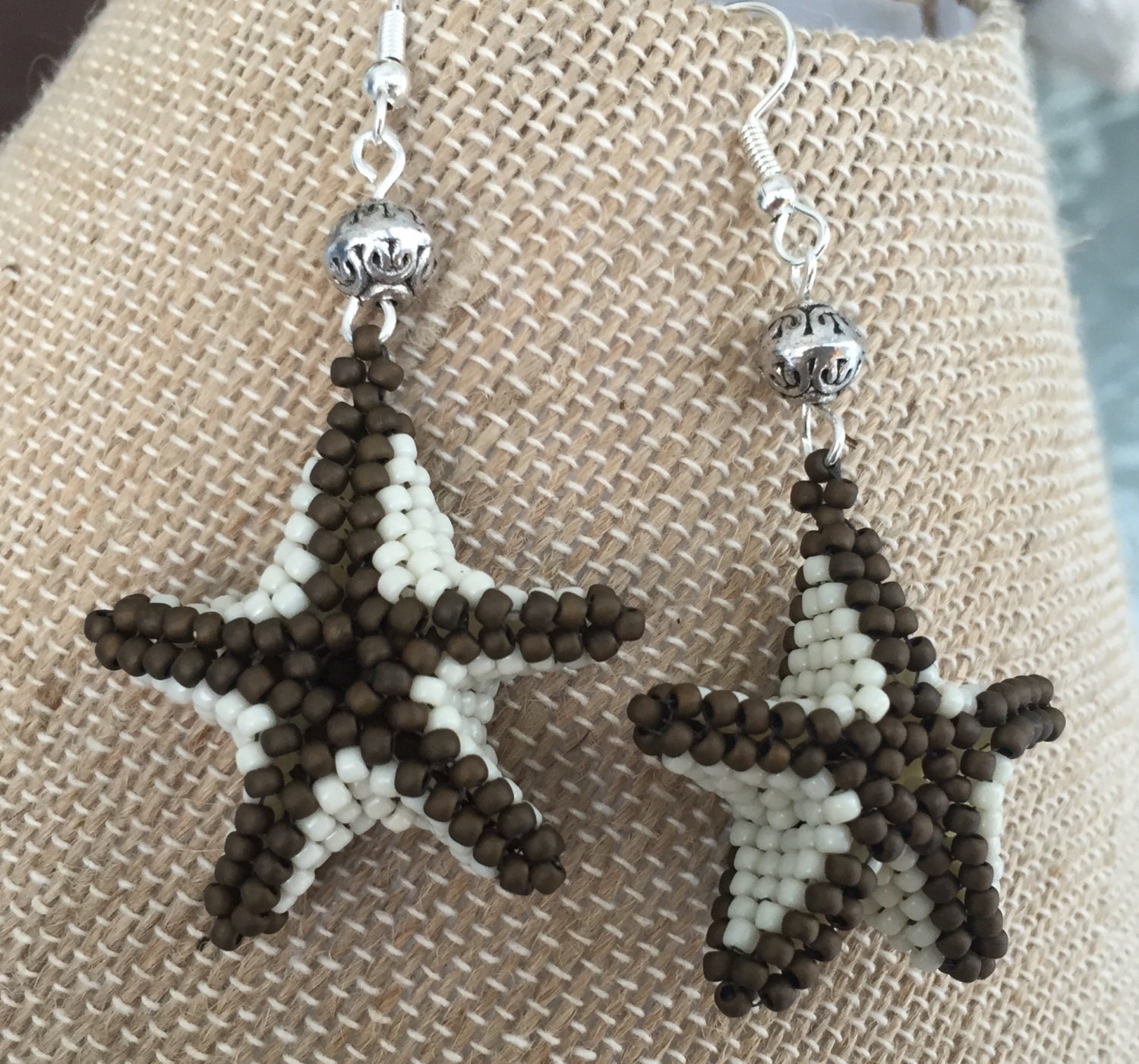 Handmade Beaded Starfish Earrings in Cream and Chocolate