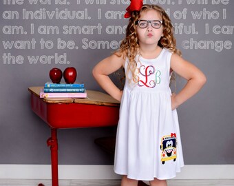 Back to School Dress, Appliqued Dress, School Bus, Embroidered Dress, Monogrammed Dress, Toddler Dress, Summer Dress, Sundress