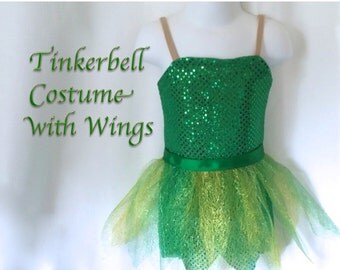 Adult Tinkerbell-inspired Fairy Costume Green sparkle with Leaf Skirt and Fairy Wings- made to order