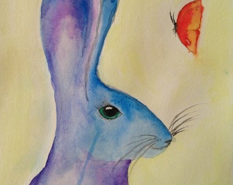 Original Watercolor Rabbit with Butterfly