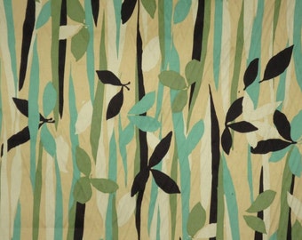 REMNANT--Shades of Green with Black Flowers and Leaves Print Stretch Cotton Sateen Fabric--1&1/8 Yard
