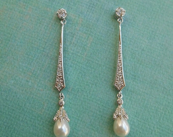 ABBEY ~ Bridal Art Deco Slender Pave with Freshwater Pearl Earrings