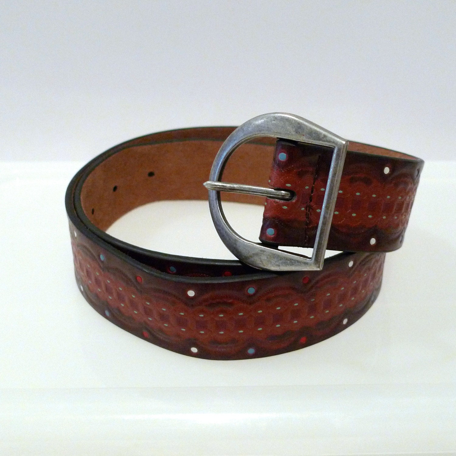 Filigree Tooled Leather Belt Vintage Multi Color Dots Stamped