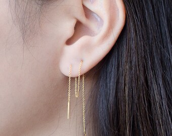 Long Threader Earrings, Sterling Silver, Gold Plated Chain Earrings, Thin Chain Stick Earrings, Minimal Lunaijewelry, CHE023