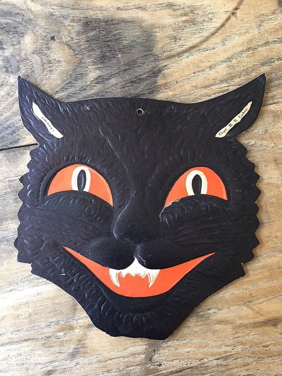 Vintage paper Halloween mask black cat Copr. H.E. Luhrs