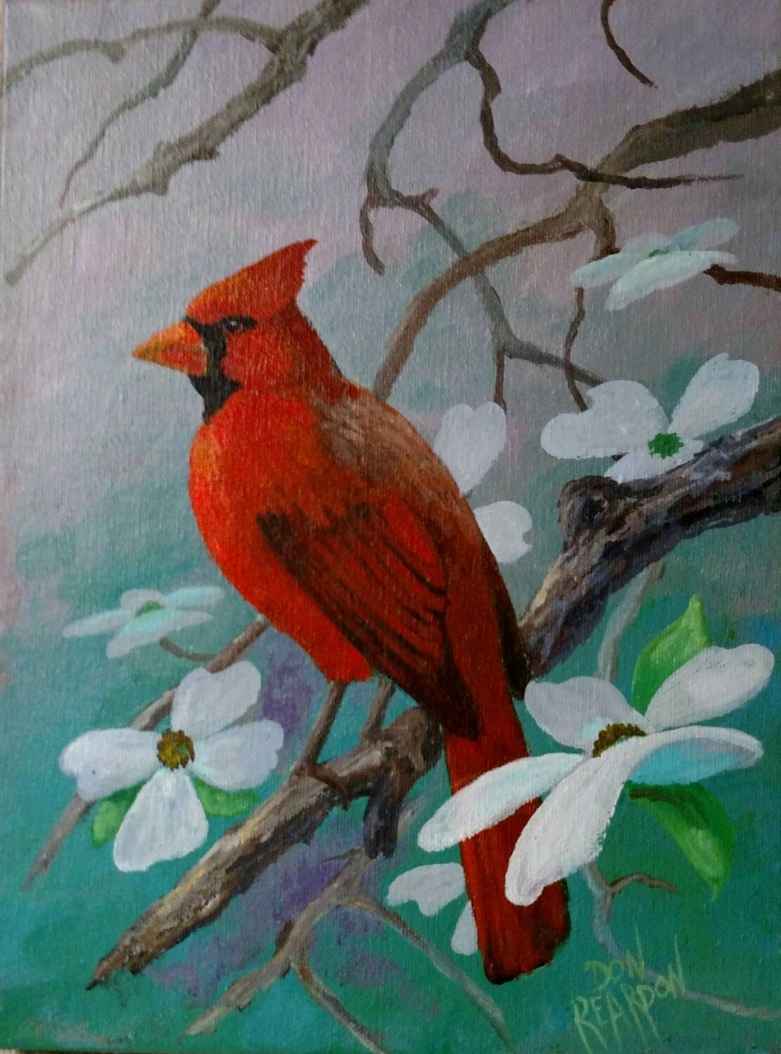 Cardinal and Dogwoods original acrylic painting on 9x12 wrap