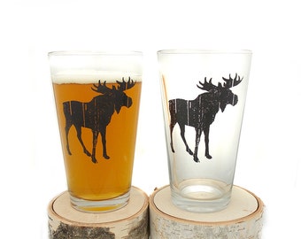 Pint Glasses - Rustic Moose - Screen Printed Beer Glasses - Set of two 16oz. Pint Glasses