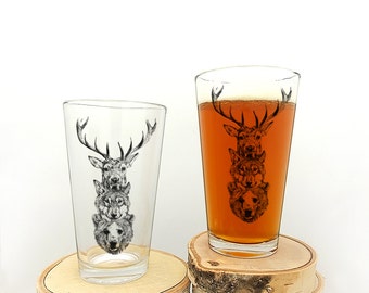 Pint Glasses - Elk Wolf Bear Totem - Screen Printed Beer Glasses - Set of two 16oz. Pint Glasses