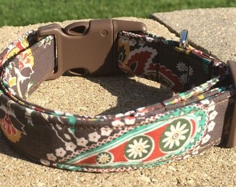 Brown Aqua Orange Paisley Dog Collar Size XS, S, M or L
