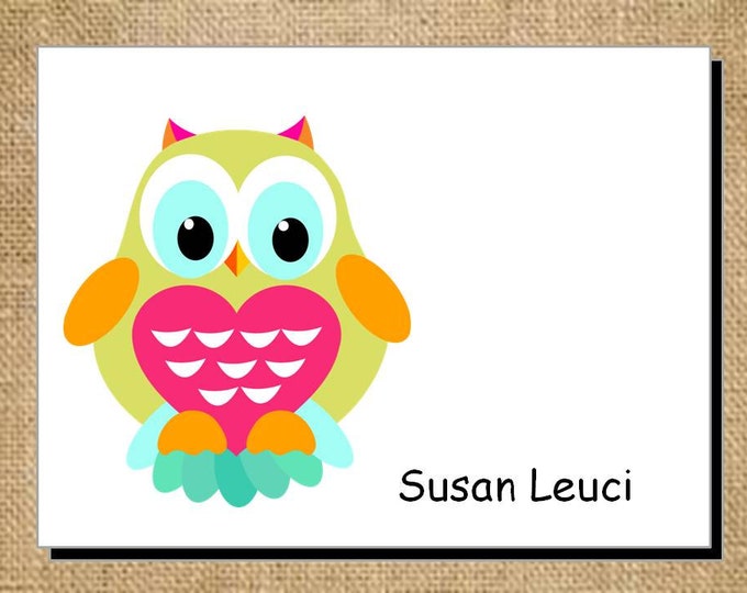 Set of Personalized Owl Folded Note Cards - Thank You Cards - Blank Cards - Brightly Colored Owl Green Pink Blue Orange Stationery