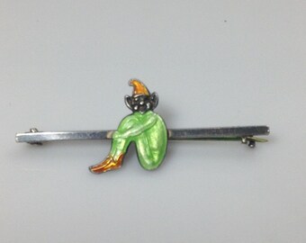 Antique Sterling Enamel Pixie Elf Bar Pin Brooch