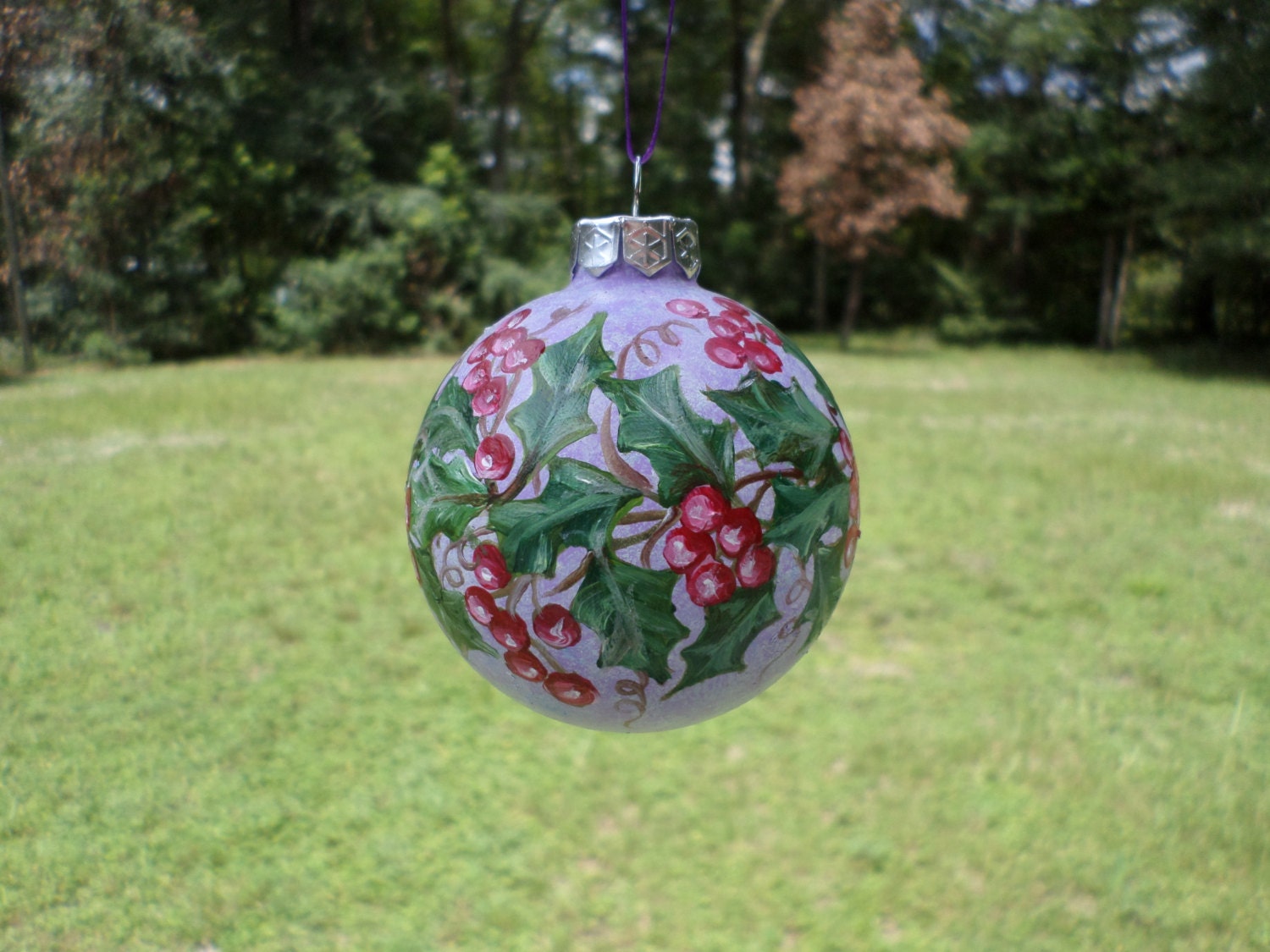 hand painted glass christmas ornament with holly no110 hand painted glass christmas ornament with holly no110