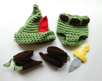 Peter Pan Hat, Pants, Boots and Dagger Crochet Set Baby Boy Hat Photography Prop All sizes