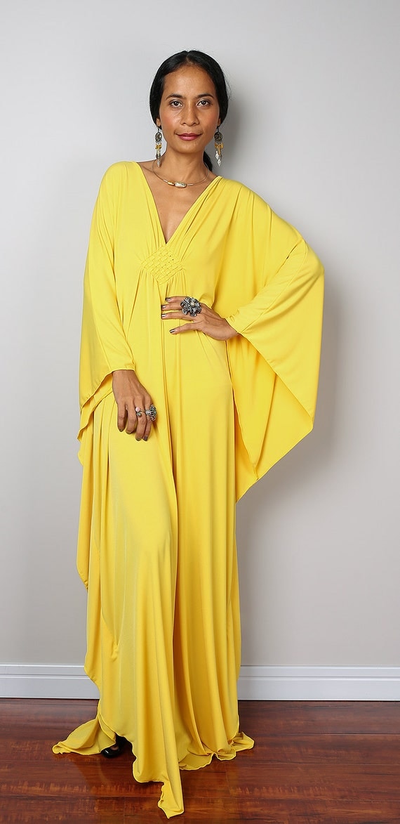 Yellow Kaftan Dress - Bright Yellow Maxi Dress - Kimono Butterfly ...