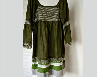 Women's cotton dress, dark olive dress, hippie dress, boho artsy dress, romantic dress, upcycled clothing, dress long sleeves,recycled dress