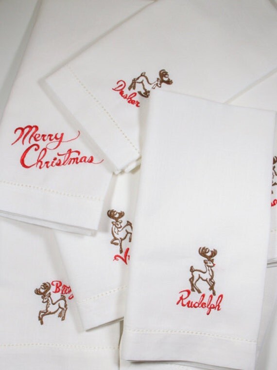 Santa's Reindeer Cloth Napkins Reindeer by WhiteTulipEmbroidery