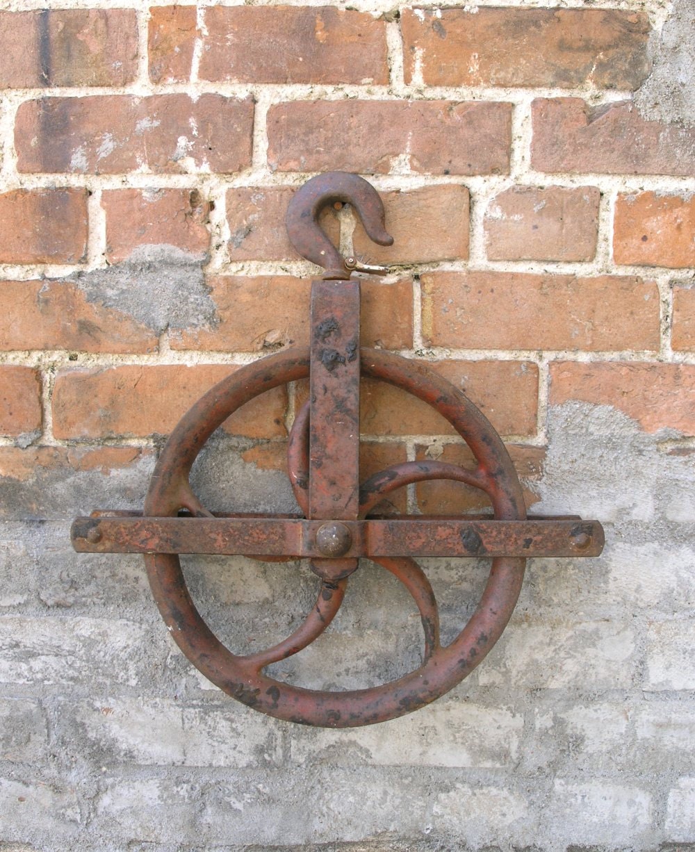 Vintage Metal Pulley Large Well Wheel with hook and guard