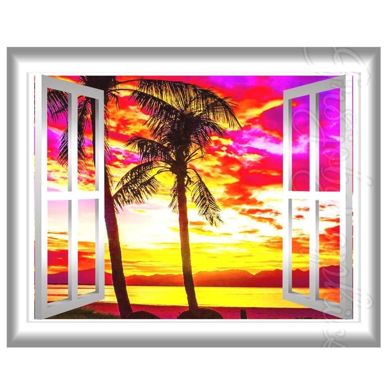 Window Frame Wall Art palm trees at sunset tropical beach scene wall decal 3d Window Frame Wall Art palm trees at sunset tropical beach scene wall decal 3d