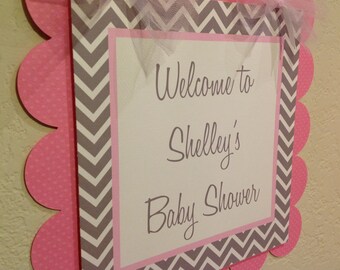 Pink and Grey Chevron Baby Shower Door Sign