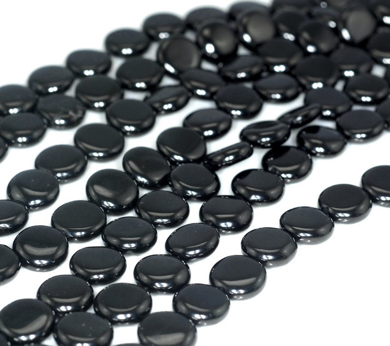 8mm Black Jet Gemstone Flat Round Coin Button Loose Beads 16