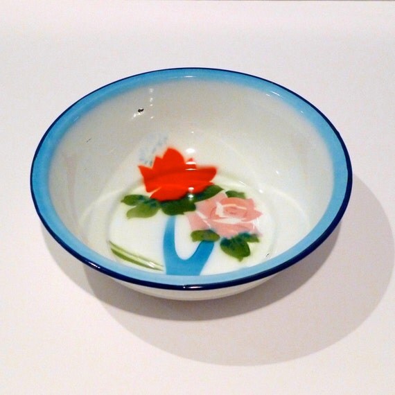 Butterfly Brand Bowl Vintage Enamelware Serving Bowl Pink Rose