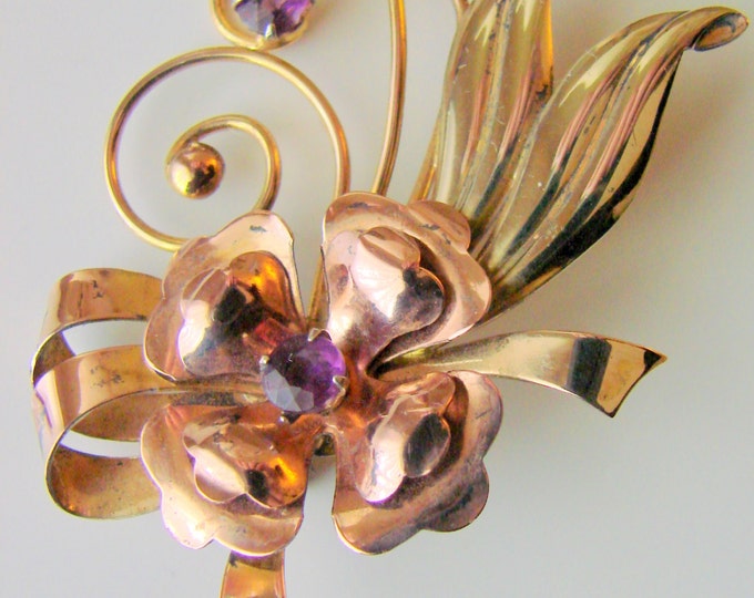 1940s ISKIN Amethyst Floral Brooch / Designer Signed / Retro / 10K Gold Filled / Rose & Green Gold / Vintage Jewelry / Jewellery