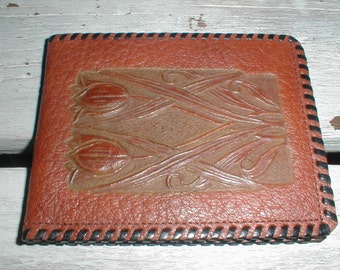 Vintage Meeker Leather Wallet Embossed With Tulips *Great Design*