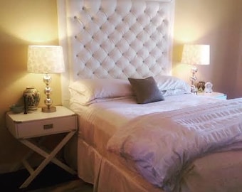 Crystal Diamond Tufted White Faux Leather Headboard with Border (Queen, Extra Tall)