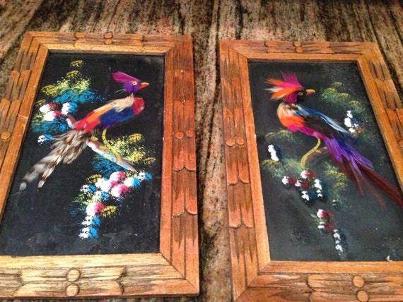 SALE Vintage pair of framed bird feather by oodlesofrandomstuff